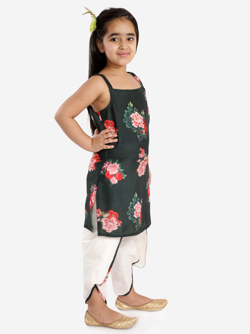 Vastramay Green Floral Printed Cotton Silk Siblings Set